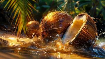 dynamisch kokosnoot spatten in water, tropisch instelling met handpalmen, zomer versheid en natuurlijk energie foto