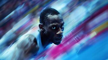 dynamisch actie schoten van olympisch atleten Bij de top van hun prestatie presentatie van vaardigheid en snelheid foto