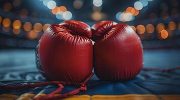 detailopname beeld van een paar- van rood boksen handschoenen, wazig boksen ring achtergrond. zomer olympisch spellen foto