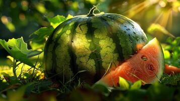 zonovergoten vers watermeloen resting Aan groen bladeren, sappig rood vlees plak. zomer verfrissing, oogst foto