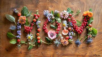 woord mam gemaakt van bessen, bloemen, en bladeren Aan houten tafel. moeder dag spandoek. foto