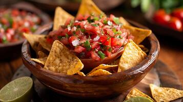 tomaat salsa met tortilla chips, rustiek schaal, Latijns Amerikaans keuken. cinco de mayonaise. foto