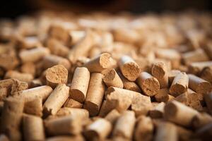 detailopname van gecomprimeerd natuurlijk hout pellets voor gebruik net zo een milieuvriendelijk vriendelijk hernieuwbaar biologisch biobrandstof of huisdier afval. foto