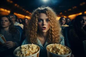 een vrouw zit in een film theater met twee emmers van popcorn. foto