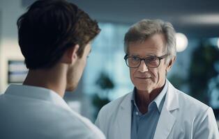 twee dokters, een Mens in een wit laboratorium jas pratend naar een ander Mens in vergelijkbaar kleren, zijn hebben een discussie. foto