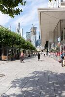 Frankfurt ben hoofd, hessen, duitsland, augustus 08, 2023. de stad centrum. een straat met veel van winkels. duglas. foto