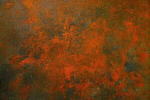 een abstract schilderij met oranje en zwart verf foto