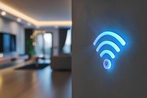 een Wifi verlenger, blauw Wifi symbool, verbonden slim huis. foto