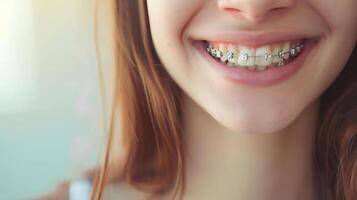 een glimlachen meisje tiener met een beugel mond, dichtbij omhoog, ruimte voor tekst. de concept van modern tandheelkunde. foto