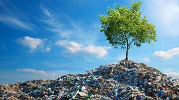 een jong boom groeit van een berg van stortplaats, huishouden verspilling vuilnis over- een blauw lucht foto