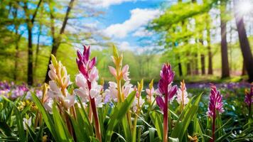 mooi roze vlinder en kers bloesem Afdeling in voorjaar Aan blauw lucht achtergrond, zacht focus. verbazingwekkend elegant artistiek beeld van voorjaar natuur, kader van roze sakura bloemen en vlinder. foto