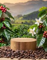 leeg hout podium omringd door koffie bonen met koffie fabriek met rood fruit foto