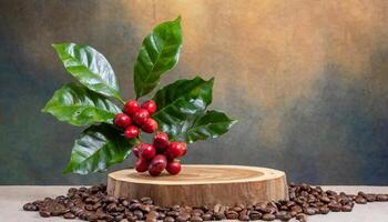 leeg hout podium omringd door koffie bonen met koffie fabriek met rood fruit foto