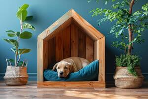 een hond is zittend in een houten hond huis foto