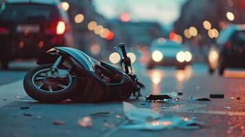 een scooter legt Aan de grond na wezen raken door een auto in een stad straat. weg ongeluk concept. foto