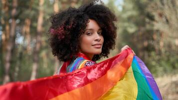 vrouw draag- vlag van lgbt regenboog symbool en op zoek Bij camera in groen stad park. foto