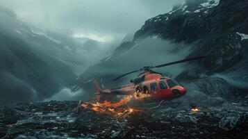 een brandend helikopter dat crashte in een vallei. foto