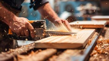 timmerman snijdend hout boom met motor hulpmiddelen, vaardigheid handgemaakt meubilair. foto