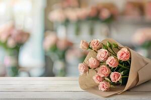 mooi boeket van roze pastel rozen verpakt in een ambacht papier Aan een wit houten tafel in een bloem winkel. foto