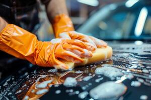 mannetje handen in rubber handschoenen van een auto wassen arbeider polijsten een auto met spons. foto