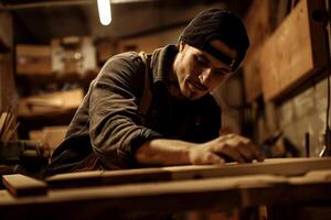 timmerman knap Mens werken met uitrusting Aan houten tafel in timmerwerk werkplaats. foto