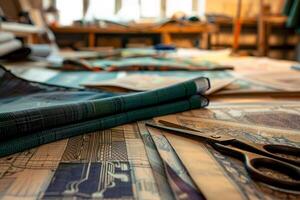 kleermaker tafel met mappen van schetsen en stoffen. modern naaien studio Aan een achtergrond. foto