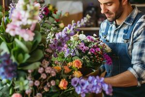 mannetje bloemist maken mooi boeket in een modern bloem winkel. detailopname. foto