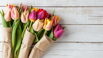 mooi boeketten van veelkleurig tulpen verpakt in een ambacht papier Aan een wit houten tafel. foto