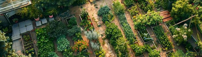 eenzaam tuin percelen in een gemeenschap tuin, verbonden door een gedeeld app, integreren tips en schema's naar houden tuinders verloofd foto