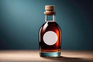 elegant glas fles van amber esdoorn- siroop met kurk top en ruimte voor etiket Aan een houten tafel foto