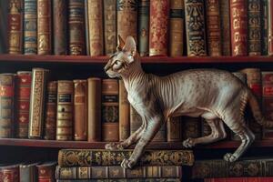 een nieuwsgierig Cornish rex kat verkennen een rommelig boekenplank, haar slank lichaam het weven sierlijk tussen de rijen van boeken foto