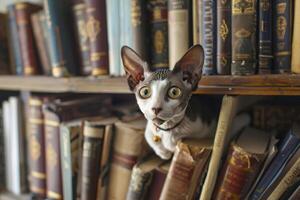 een nieuwsgierig Cornish rex kat verkennen een rommelig boekenplank, haar slank lichaam het weven sierlijk tussen de rijen van boeken foto