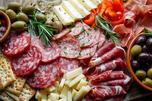 heerlijk vleeswaren bord met genezen vlees, kaas, olijven en crackers. foto