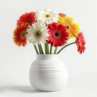 een retro-geïnspireerd keramisch vaas houdt een TROS van levendig gerbera bloemen. foto
