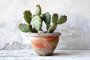 een klein cactus zit in een rustiek terracotta pot. foto