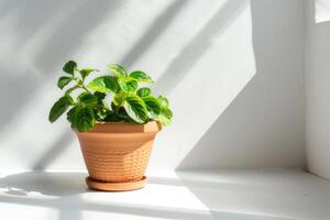 fittonia in een bruin terracotta pot met zonlicht tegen een wit achtergrond. foto