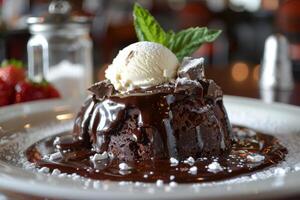vochtig chocola lava taart bekroond met vanille ijs room. foto