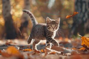 een speels manx katje bespringen Aan een gedaald blad, haar kort staart spiertrekkingen met verwachting foto