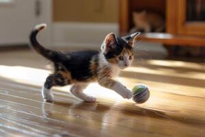een speels calico katje achtervolgen een bal van garen aan de overkant een hardhout vloer, haar staart zwiepen met opwinding foto