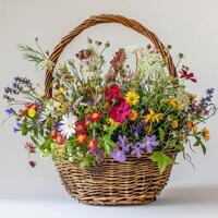 rustiek rieten mand gevulde met kleurrijk wilde bloemen. foto