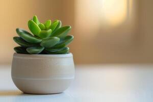 een miniatuur jade fabriek elegant gepositioneerd in een keramisch pot Aan een wit achtergrond. foto