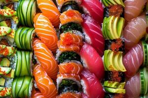 kleurrijk sushi broodjes met vers vis, avocado en komkommer foto
