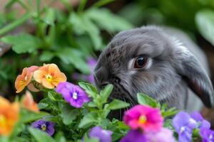 een Holland snoei konijn met lang bakkebaarden spiertrekkingen, snuiven een bloem foto