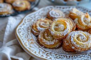 een bord van delicaat en vlokkig palmiers afgestoft met gepoederd suiker foto