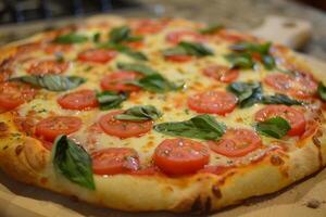margherita pizza met gesmolten Mozzarella en vers basilicum en rijp tomaten foto