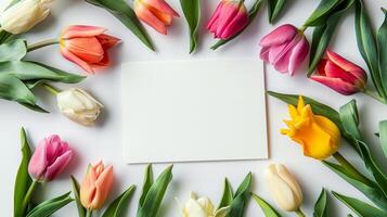 blanco vel van papier en kleurrijk tulp bloemen kader mockup foto