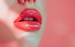 dichtbij omhoog foto van sensueel roze lippen. vrouw kunstmatig maken omhoog concept. roze lippenstift glans voor Dames.