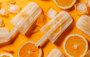 bevroren ijs ijslollys van yoghurt en sinaasappels over- oranje achtergrond. vers fruit ijs room gezond voedsel. foto