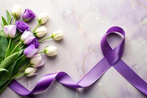Purper lint voor vrouwen dag met tulp en roos achtergrond foto