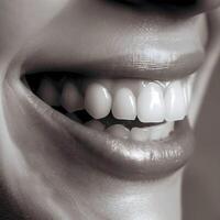 mooi vrouw lachend, detailopname Aan tanden, mooi glimlach, tanden reclame, tandarts en stomatologie achtergrond foto